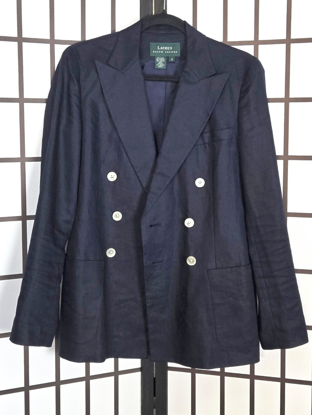Lauren Ralph Lauren Linen Navy Double-Breasted Blazer - Picture 2 of 12